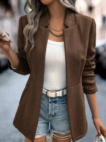 SHEIN Clasi Women's Herringbone Pattern Long Sleeve Overcoat, Fall - Coffee Brown - View 4