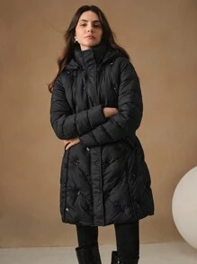 Anewsta Women's Long Black Jacket With Detachable Hood, Embellished With Sequin - Black - View 4