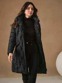 Anewsta Women's Long Black Jacket With Detachable Hood, Embellished With Sequin - Black - View 6