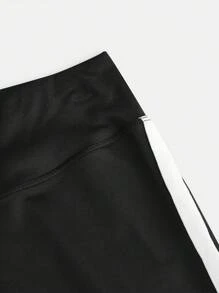 SHEIN 少女纯色拼布针织腰带休闲紧身运动打底裤 - 黑色 - 查看 3