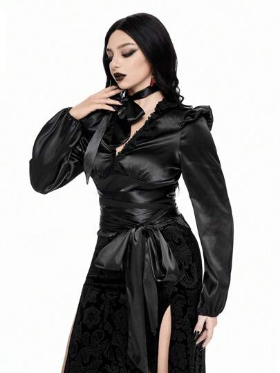 Goth Blouse noire unie en satin réfléchissant, avec décolleté en V, manches bouffantes, nœud, taille cintrée, pour femmes, style gothique sexy