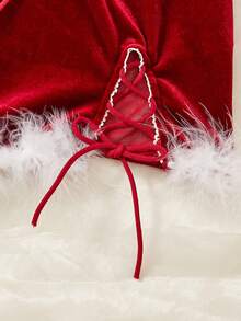 فستان بوديكون مثير سانتا الفتاة من المخمل والشبك الشفاف والمفتوح الجوانب ومربوط - عنابي اللون - مشاهدة 7