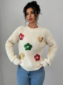 Chiquease Jersey de cuello redondo con patchwork de lentejuelas