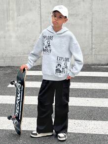 Conjunto de 2 piezas de Ropa de moda urbana para niños preadolescentes: sudadera con capucha con gráfico retrato y pantalón cargo de corte suelto, adecuado para ir y venir, la escuela, uso diario casual, deportes, otoño e invierno