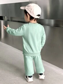 SHEIN Infant Boys 3D Embossed Smiling Face Long Sleeve Sweatshirt And Pants Set, Mint Green, Warm Casual Comfortable Outfit For Fall/Winter