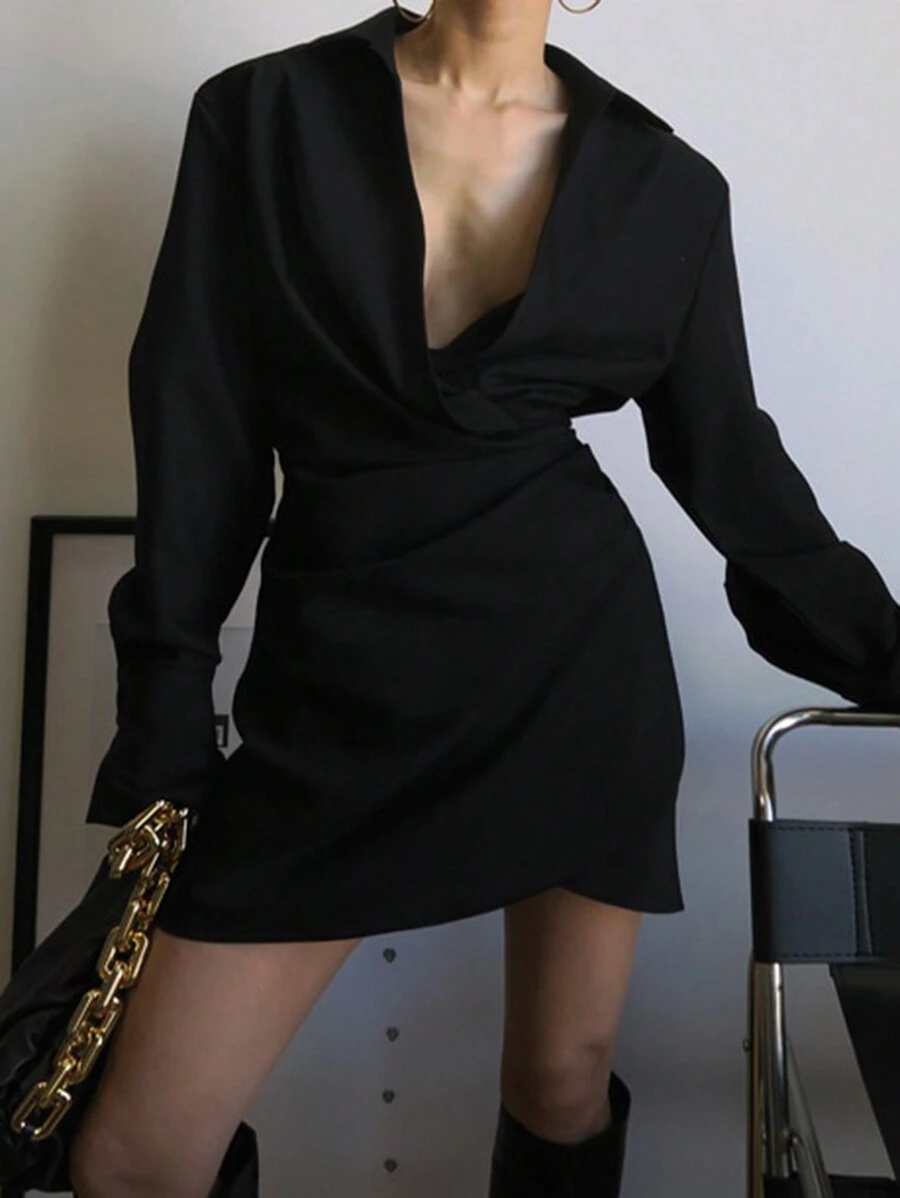 DAZY Women Collared Short Solid Color Dress,Fall Dress Long Sleeve Dress - Black - View 1