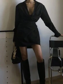 DAZY Women Collared Short Solid Color Dress,Fall Dress Long Sleeve Dress - Black - View 8