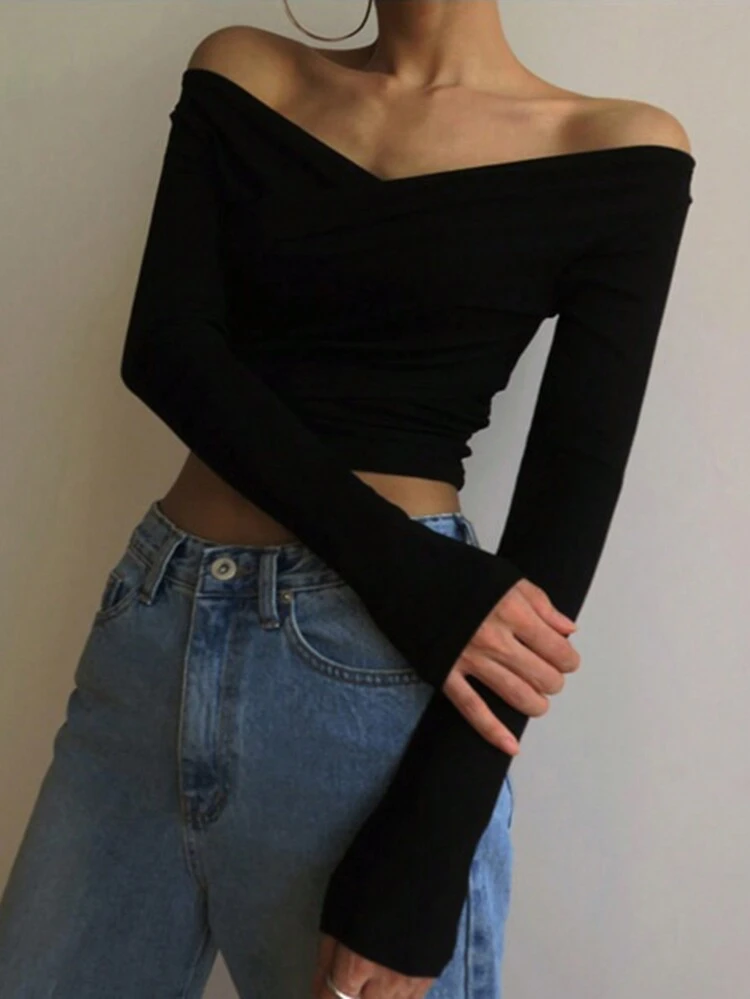 Women's Spring & Autumn Off-Shoulder Solid Color Casual T-Shirt Y2k,Back To School Clothes Long Sleeve Women Tops,Fall Women Clothes Crop Women Tops