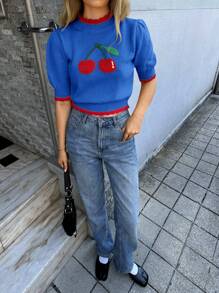 Forever 21 Jesień i zima Kobiety Żółty i czerwony dzianinowy wiśniowy graficzny/Halloween/Boże Narodzenie/Golf/Uroczy/Stroje panieńskie/Vintage/Podstawowe/Okrągły dekolt/Powrót do szkoły/Powrót do domu/Kontrast kolorów/Swobodny/Krótkie rękawy/Podstawowy/Rękawy bufiaste/Sweter