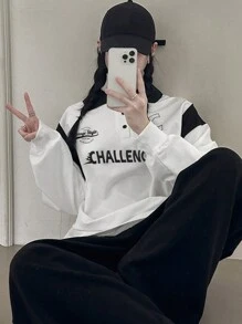 DAZY 女款拼色字母印花翻領運動衫，秋季校園穿搭 - 黑與白 - 查看 5