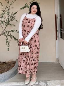 Dazy Plus Plus Size Women All-Over Floral Print Sleeveless Dress,Ruffle