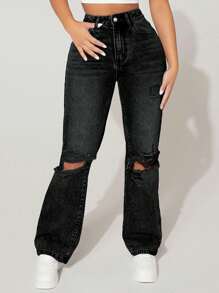 SHEIN PETITE Distressed Straight-Leg Thermal Lined Thermal Jeans, Autumn & Winter Thickened Denim - Black - View 5