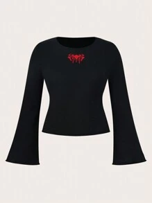 SHEIN EZwear Plus Size Women Spider Print Warm Knit Sweater For Halloween, Black - Multicolor - View 1