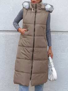 EURMUSE Plush Hooded Sleeveless Padded Coat - Mocha Brown - View 4