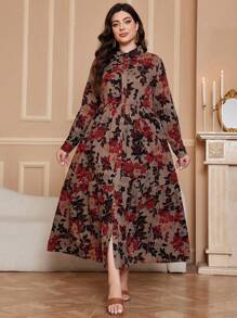 Al Najma Vestido de manga larga con un solo pecho y estampado botánico para mujer de talla grande, ropa árabe, casual, modesta para uso diario casual/viajes/vacaciones/uso en casa, vestido largo de talla grande para uso árabe