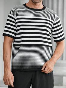 Manfinity Homme Camiseta casual de cuello redondo de manga corta de punto a rayas para hombre