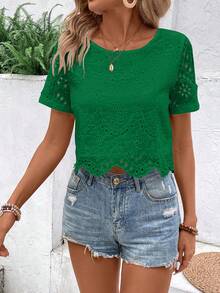 Chiquease 休闲镂空刺绣纯色衬衫 - 綠色 - 查看 4