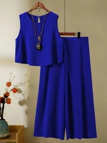 Linhara 2pcs Plus Size Textured Halter Top And Wide Leg Pants Set, Vacation Casual - Royal Blue - View 1
