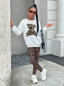 SHEIN 青少年女孩休闲针织圆领长袖上衣和弹性袖口裤子套装 - 彩色 - 查看 4