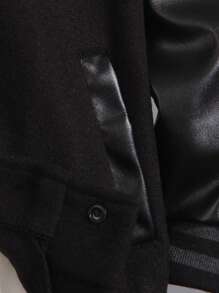 SHEIN 1 件休闲百搭 PU 字母夹克棒球外套，适合年轻男孩，适合秋冬季、户外、街头、学校 - 黑色 - 查看 3