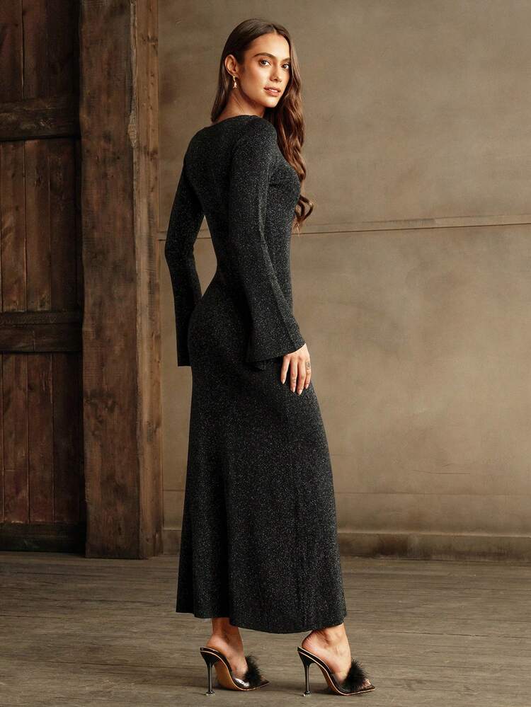Robe pull élégante et douce à la taille avec motifs ajourés et pailletée noire pour femme