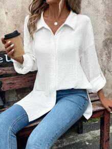 SHEIN LUNE 女士休闲前开 V 领白色衬衫，适合海滩度假，秋季 - 白色 - 查看 3