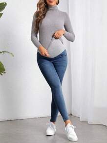 SHEIN Maternity Color Block Slim Fit Denim Pants Jeans - Dark Wash - View 3