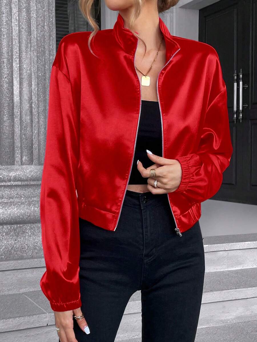 SHEIN Essnce 女士休闲纯色立领夹克，秋季 - 紅色 - 查看 1