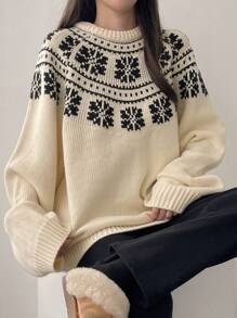 DAZY Suéter de Gola Redonda Estilo Boêmio de Ajuste Folgado para Mulheres, Roupas de Outono - Damasco - Visão 4