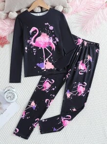 2pcs Tween Girl Flame Flamingo Print Glow In Dark Long Sleeve T-Shirt And Legging Pajama Set - Black - View 3