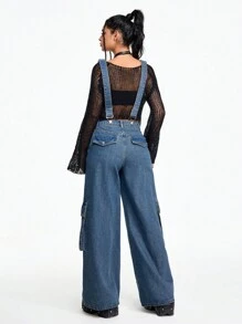 ROMWE Grunge Punk Women's Casual Washed Denim Overalls With 3D Pockets, Detachable 2-Way Wear - Blue - View 7