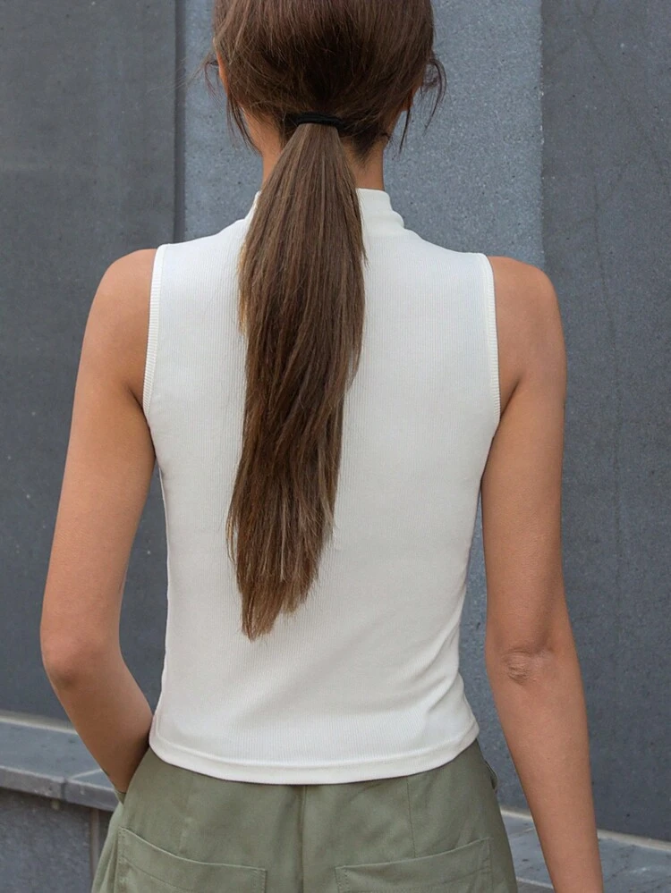 Women's Solid Color Stand Collar Fitted Rib Tank Top, Summer