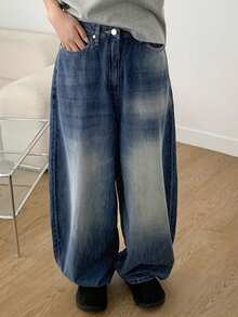 DAZY 女式不对称做旧洗水宽松牛仔裤 - 中等水洗藍 - 查看 11