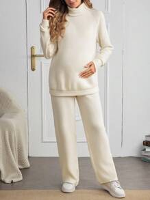 SHEIN 2 件孕妇高领落肩长袖毛衣和针织裤套装，裤子套装，秋季，冬季 - 杏色 - 查看 6
