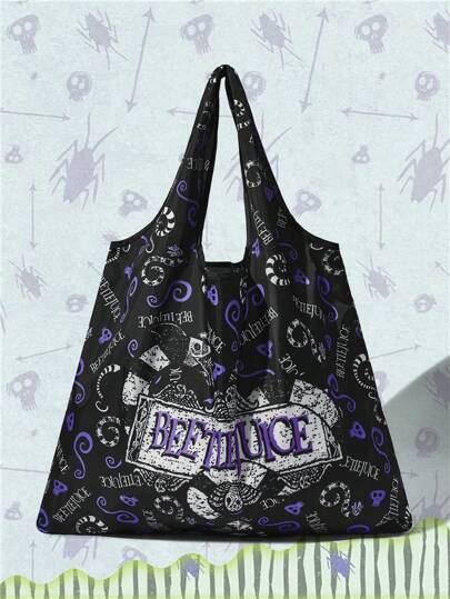 Beetlejuice | ROMWE Cartoon & Letter Print Storage Bag, Large Capacity Foldable Tote Bag With Coin Purse