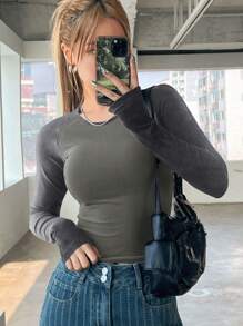 DAZY 女款撞色长袖 T 恤 - 深灰色 - 查看 4