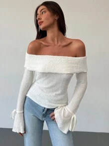 Aloruh New Off Shoulder Textured Fabric Flare Sleeve Decor Thermal Base Layer T-Shirt For Fall & Winter - Apricot - View 7