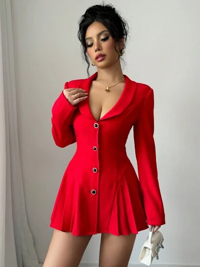 Selianne Chaqueta elegante de mujer con cuello en forma de corazón, manga larga, cintura recogida y pliegues, en color rojo, para Día de San Valentín y Año Nuevo