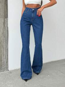 SHEIN Tall 98% CottonHIGH RISE FLARED LONG BLACK JEANS TALL - Medium Wash - View 5
