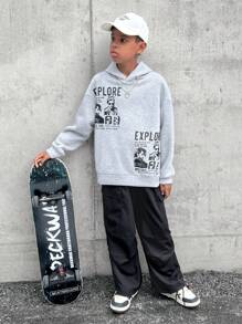Conjunto de 2 piezas de Ropa de moda urbana para niños preadolescentes: sudadera con capucha con gráfico retrato y pantalón cargo de corte suelto, adecuado para ir y venir, la escuela, uso diario casual, deportes, otoño e invierno