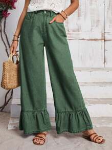 EMERY ROSE Vacation Casual Ruffled Wide-Leg Jeans,Christmas Holiday Green Pants Baggy Jeans - Green - View 7