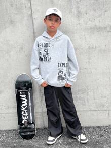 Conjunto de 2 piezas de Ropa de moda urbana para niños preadolescentes: sudadera con capucha con gráfico retrato y pantalón cargo de corte suelto, adecuado para ir y venir, la escuela, uso diario casual, deportes, otoño e invierno
