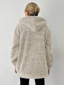 EURMUSE Women's Simple Printed Fuzzy Hooded Long Sleeve Jacket - Mocha Brown - View 2