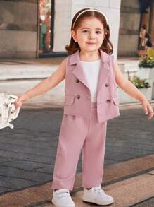 SHEIN Baby Girl Casual Solid Color Suit Collar Sleeveless Vest And Long Pants With Suspender Vest 3pcs Set