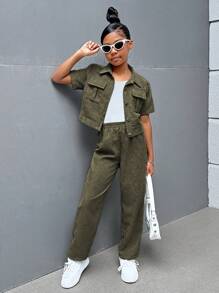 SHEIN Ensemble 3 pièces pour jeune fille avec chemise à manches courtes tressée de couleur unie, pantalon à jambe droite et camisole, style casual