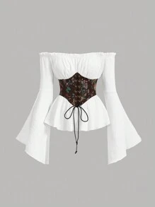 SHEIN MOD Bluzka damska z odkrytymi ramionami i rozszerzanymi rękawami, biała koszula w stylu vintage, sukienka czarownicy, kostiumy wampirów