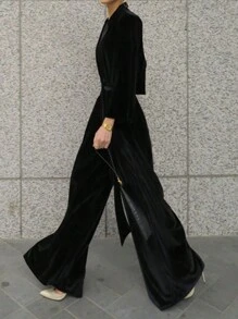 DAZY Women's Solid Color Lapel Collar Long Sleeve Elegant Velvet Wide Leg Jumpsuit,Back To School Clothes