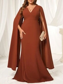 SHEIN Belle Plus Size Elegant Simple Caramel Stretch Fabric Deep V Neck Shawl Long Sleeve Fishtail Type Formal Dresses Bridesmaid Dresses