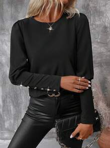 EMERY ROSE 女士纯色圆领泡泡袖优雅办公室衬衫，春秋季，长袖上衣