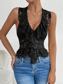 Chiquease Women's Black V-Neck Ruffle Lace Halter Top - Black - View 6
